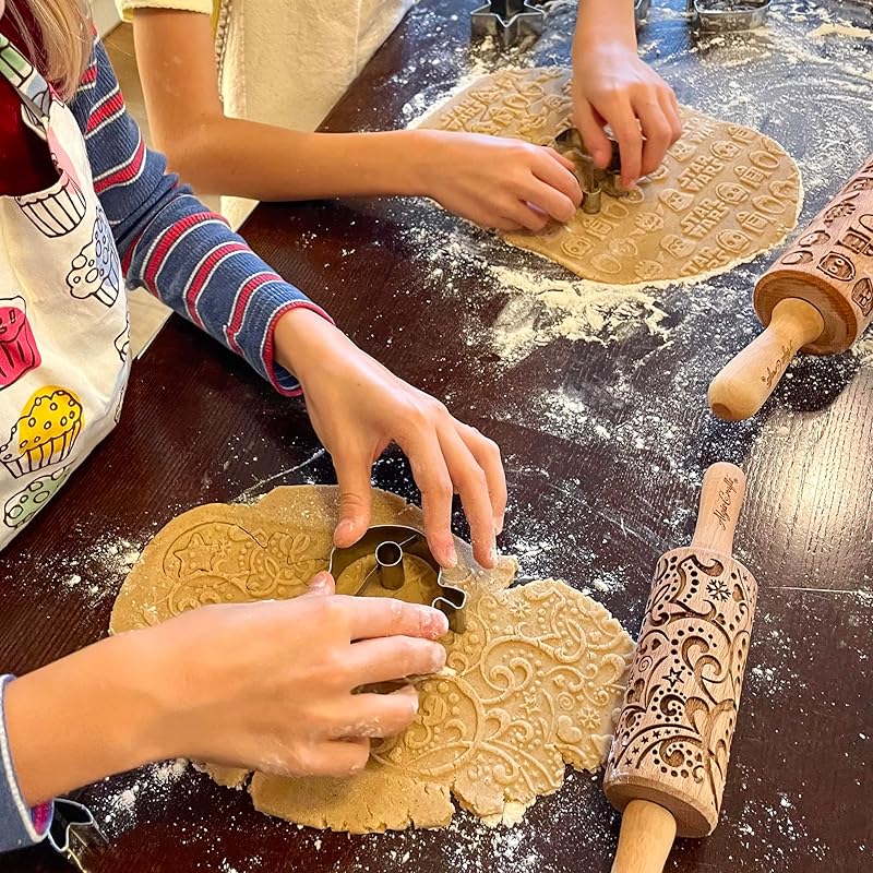 FLOWER MIX Embossing Rolling Pin with Flowers Pattern. Dough and Clay Roller for Embossed Cookies and Pottery. Cookie and Ceramic Stamp. Backing Gifts for Women by Algis Crafts