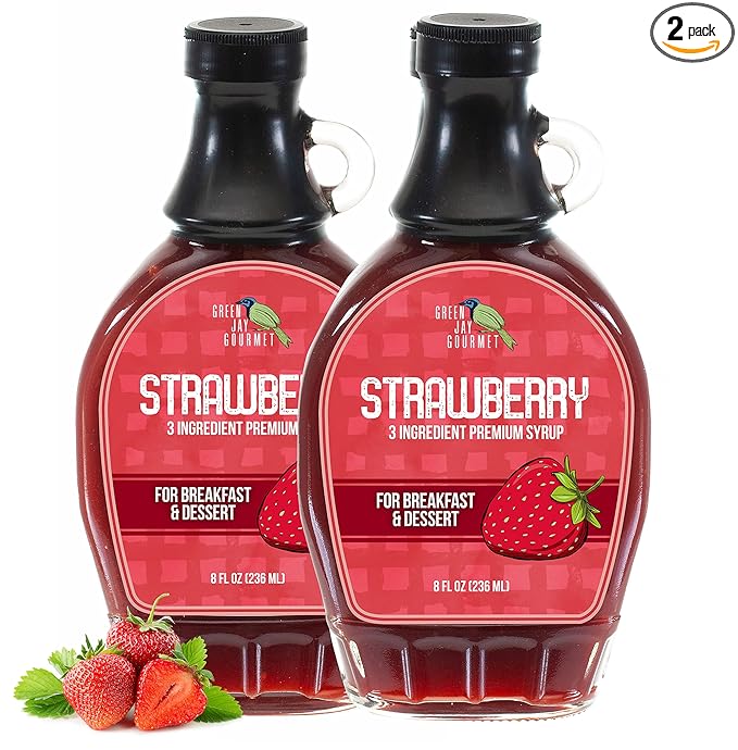 Green Jay Gourmet Strawberry Syrup - 3 Ingredient Premium Breakfast Syrup w/Fresh Strawberries, Cane Sugar & Lemon Juice - All-Natural, Non-GMO Pancake Syrup, Waffle Syrup & Dessert Syrup - 2 x 8 Oz