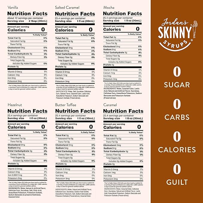 Jordan's Skinny Syrups Sugar Free Coffee Syrup, Vanilla, Salted Caramel, Hazelnut, Mocha, Butter Toffee, and Caramel Syrups, Zero Calorie Flavoring, 25.4 Fl Oz (Pack of 6), Sampler Variety Pack