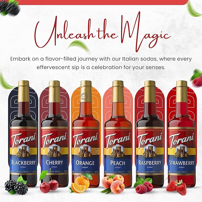 Jimoco Syrup Pump & Torani Syrup Bundle - Fruit Bowl Syrup 6 Pack Summer Flavors, Raspberry, Strawberry, Blackberry, Cherry, Orange and Peach - For Italian Soda Coffee, Lattes, Frappes With 6 Pump Dispensers