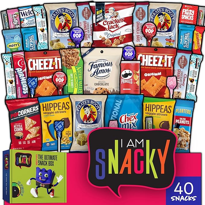 I AM Snacky - Thanksgiving Snack Box Variety Pack Care Package + Greeting Card - SNACKY'S BASH BOX (40 Count) Birthday Sweet Treats Gift Basket, Candies Chips, Office Food Assortments