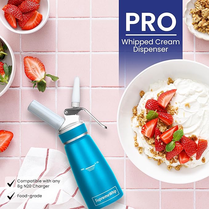 Pro Cream Dispenser, Durable High-Grip, Metal Lid with Rubber, 3 Nozzles, for Hot/Cold Use, Cleaning Brush Included, Blue - 250ml /1 Pint