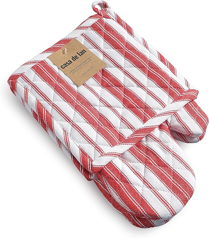 1 Oven Mitt, 1 PotHolder & 1 Kitchen Apron Set - Durable Heat Resistant Gloves - Thick Mittens for Kitchen - Suitable for Cooking, Baking, Grilling – Men & Women – Bright Red Stripes - Casa De Lan