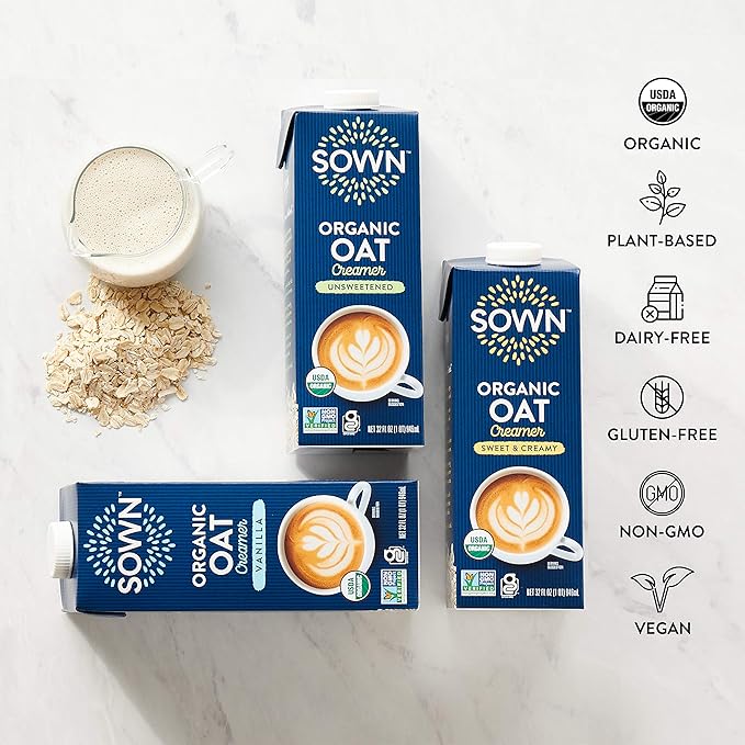 SOWN Organic Oat Creamer Sweet & Creamy - Barista Oat Milk Non Dairy Coffee Creamer - Plant Based, Dairy-Free, Vegan, Gluten-Free, Non-GMO, Shelf Stable - 32oz (Pack of 6)