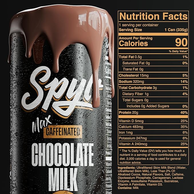 Spylt High Protein Max Chocolate Milk with 140mg Caffeine & 20g Protein - 90 Calories, Ready to Drink, Sugar Free, Lactose Free Milk, Perfect for Workout Recovery & Afternoon Pick Me Up - 12 Count