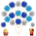 Chinco 100 Pcs Foil Firework Cupcake Toppers Sparkle Tinsel Cake Toppers Cake Decoration Cocktail Fruit Toothpick for Birthday Wedding Graduation Party(Dark Blue, Light Blue, Silver)