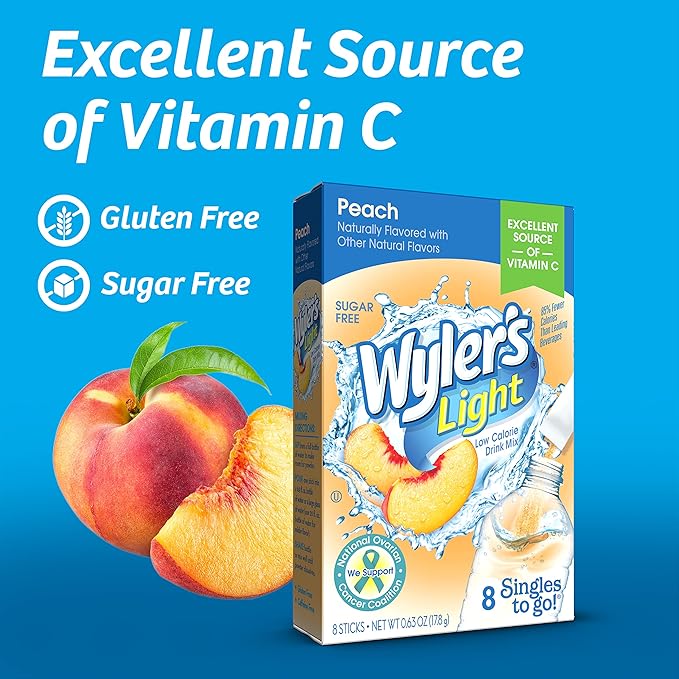 Wyler’s Light Singles-To-Go Sugar Free Drink Mix, Peach, 8 CT Per Box (Pack of 12)