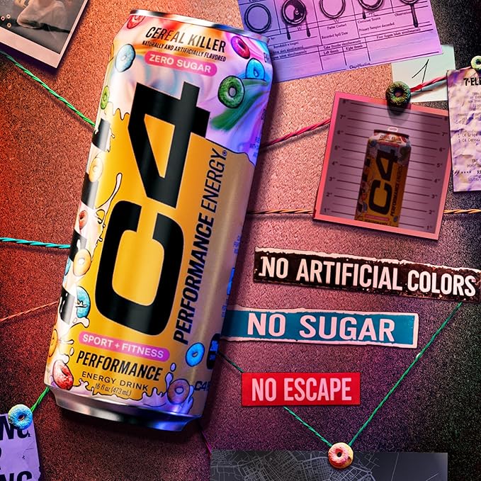 C4 Energy Carbonated Zero Sugar Energy Drink, Pre Workout Drink + Beta Alanine, Cereal Killer, 16 Fl Oz (Pack of 12)