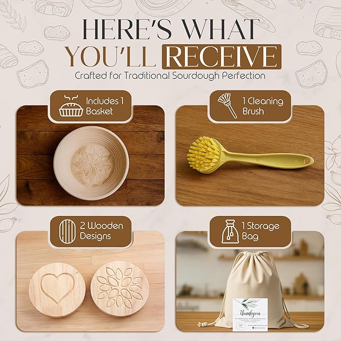 Sourdough Bread Proofing Basket Set - 9 Inch Round Banneton Bread Proofing Basket with 2 Wooden Stamps, Brush & Storage Bag - Sourdough Kit With Wooden Design