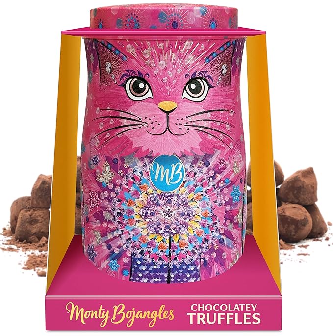 Monty Bojangles Cocoa Dusted Chocolate Truffles Cat Tin (Shimmering Starlet), Stunning Collectable Cat Tin, Luxury Chocolate Box With Bespoke Design, Gourmet Chocolates Gift Box, 135 g