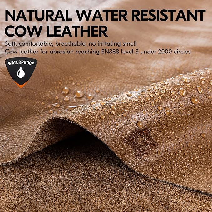 Vgo... 1-Pair Unlined Safety Cow Grain Leather Work Gloves Men, Rigger Gloves, Builder Gloves, Water Resistant, Palm Patched (Size L, Brown, CA9597WP)