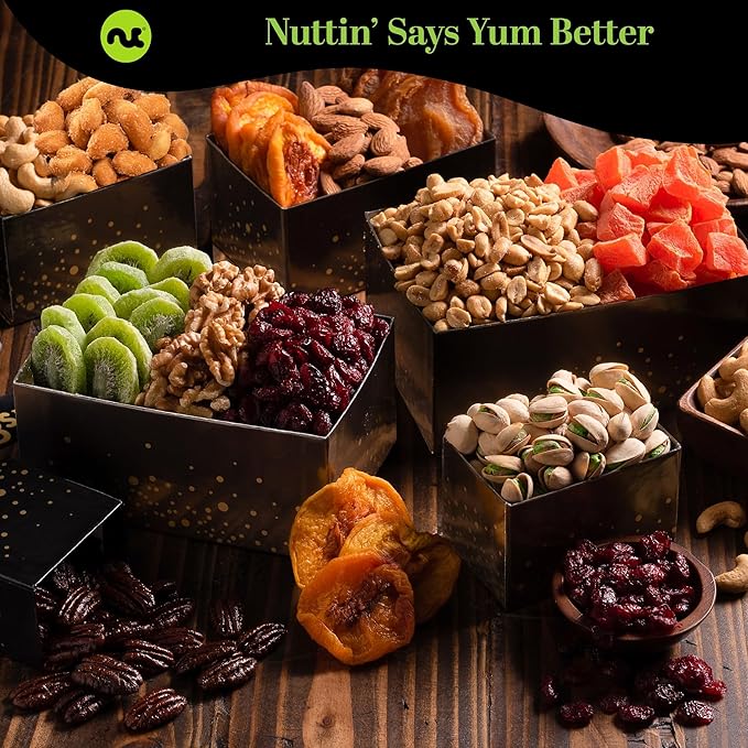 NUT CRAVINGS Gourmet Collection - Sympathy Condolence, Nuts & Dried Fruits Tower Gift Basket, with Sympathy Ribbon + Greeting Card (12 Assortments) Food Arrangement, Healthy Snack, Food Assortments
