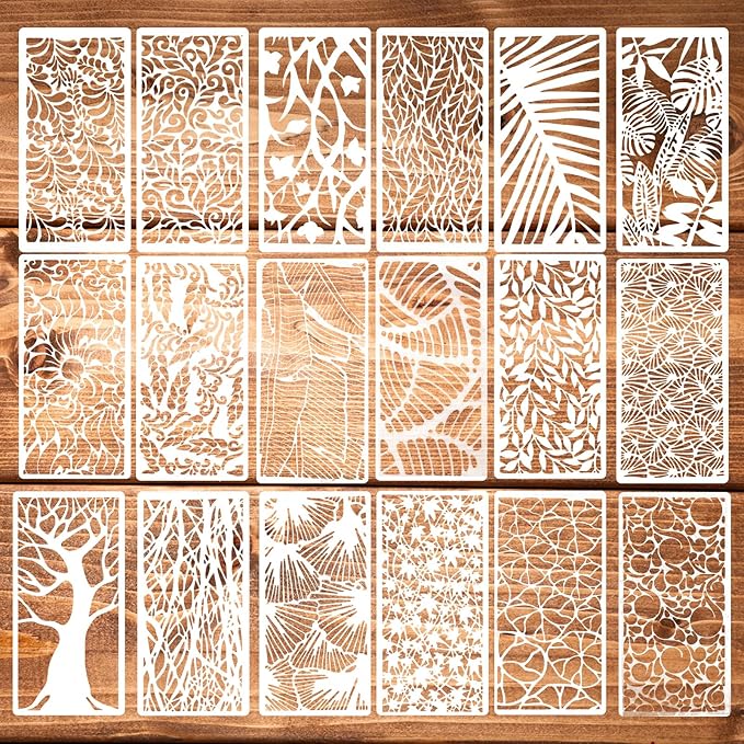 18Pcs Stencils for Crafts Painting, Reusable Cake Stencils Decorating Texture Stencil Background Stencil Leaf Floral Tree Templates for Painting on Wood Furniture Card Canvas Paper Scrapbook