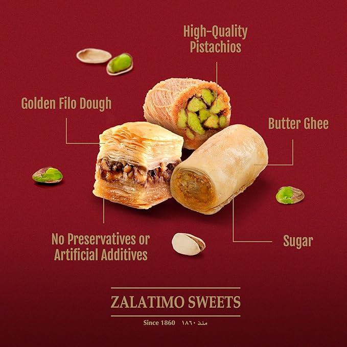 Zalatimo Sweets Since 1860, 100% All Natural Assorted Baklava, Slightly Sweet Baklava in Square Metal Gift Tin, No Preservatives, No Additives, No Corn Starch, No Syrups! 1.8Lbs