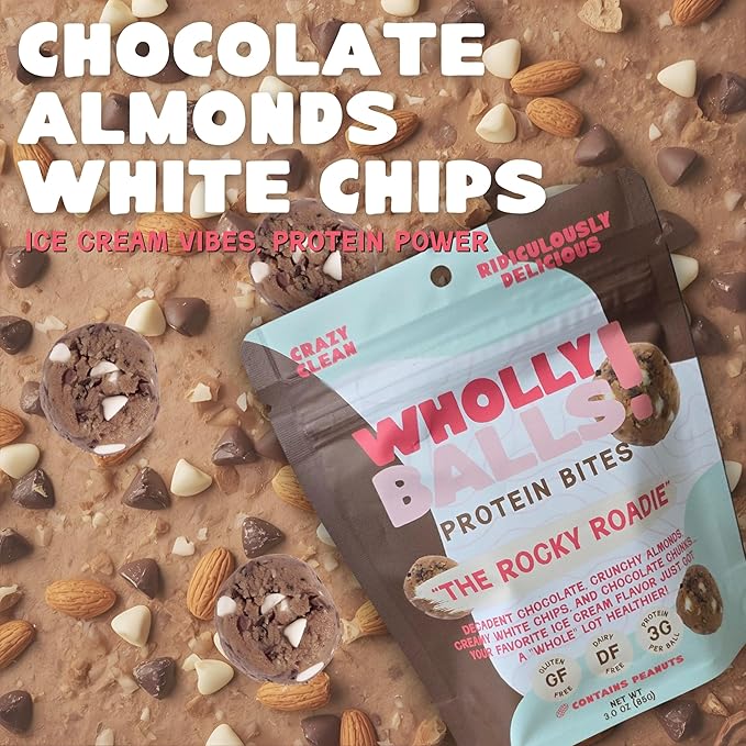 Wholly Balls Protein Bites – Healthy Plant-Based Snack | High Protein, Low Sugar, Gluten-Free Energy Balls (Pack of 3, Rocky Roadie)