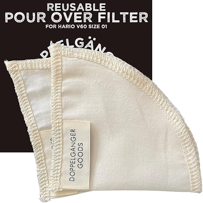 (2-Pack) Reusable Organic Cotton Filters for Hario V60 and Origami Style Pourover Coffee Filters, Ceramic Cup, Glass, Plastic Dripper (Size 01, 1-2 Cups)
