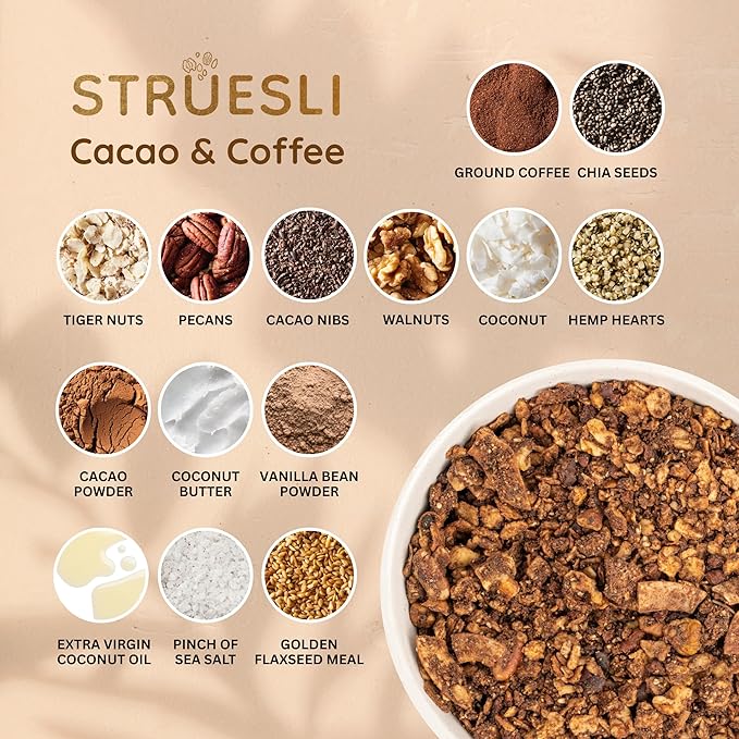Struesli Cacao + Coffee Organic Granola, Grain & Gluten Free, Healthy Snacks with Cacao, Coffee, Tiger Nuts, Pecans, Walnuts, Hemp Hearts & Coconut Flakes, Plant Based, Keto & Paleo Friendly, 9 Oz