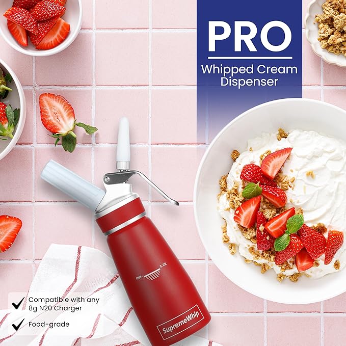 PRO Cream Dispenser, Durable High-Grip, Metal Lid with Rubber, 3 Nozzles, for Hot/Cold Use, Cleaning Brush Included, Red - 250 ml / 1 Pint