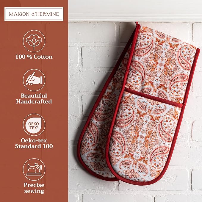 Maison d' Hermine Double Oven Mitts 100% Cotton 7"x35" Double Oven Mitt Heat Resistant BBQ Cooking Gloves with Loop, Baking, Grilling, Home, Kitchen, Handling Hot Pans (Orient)