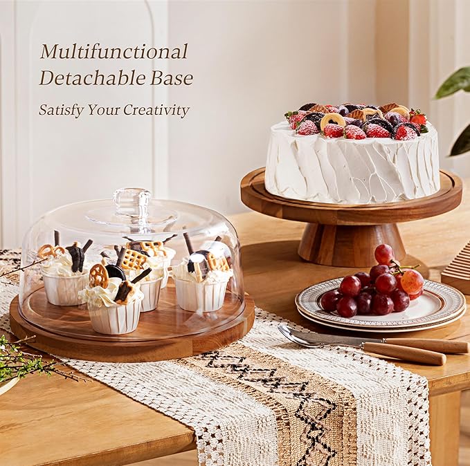 HBlife Cake Stand with Glass Lid (11.4"), Multifunctional Cake Stand with Dome, Acacia Wood 6-in-1 Cake Plate Display Stand with Cover for Baking Gifts, Birthday Kitchen Parties, Weddings