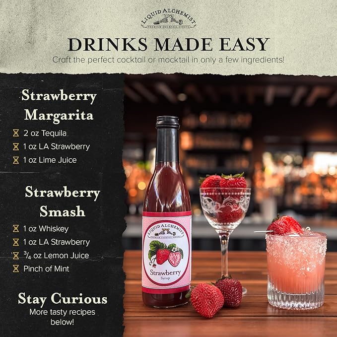 Liquid Alchemist Strawberry Syrup for Drinks - Real Ingredients Make our Strawberry Puree for Drinks a Perfect Margarita Mix - Our Flavored Syrup is Gluten & Dairy Free (12 oz)