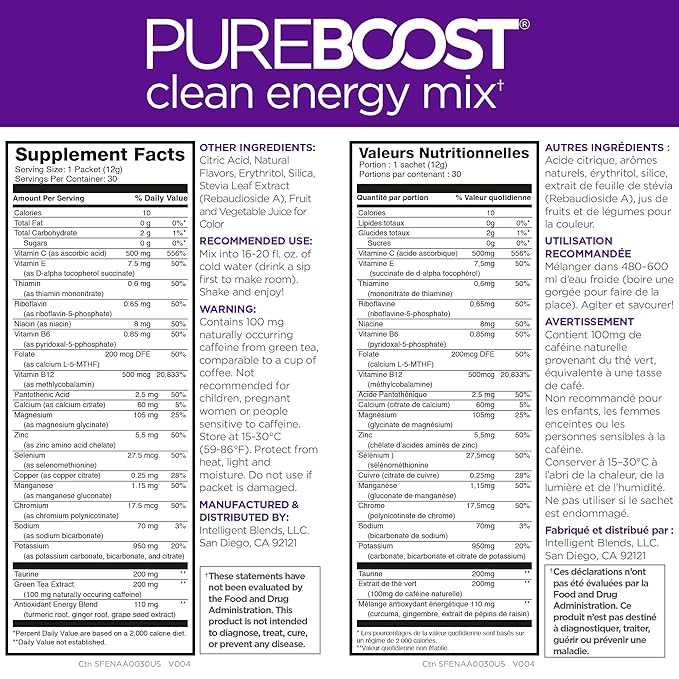 Pureboost Clean Energy Booster, Refreshing Energy Drink Mix with B12 Vitamins, Electrolytes, Antioxidants, Sugar-Free with No Sucralose (Acai Alert, 30 Count)