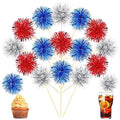 Chinco 100 Pcs Foil Firework Cupcake Toppers Sparkle Tinsel Cake Toppers Cake Decoration Cocktail Fruit Toothpick for Birthday Wedding Graduation Party(Silver, Red, Blue)