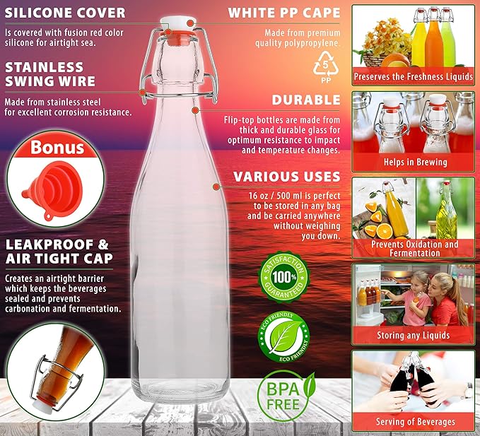 AYL Flip Top Glass Bottle [16 fl. oz./Pack of 6]– Swing Top Brewing Bottle with Stopper for Beverages, Oil, Vinegar, Kombucha, Beer, Water, Soda, Kefir – Airtight Lid & Leak Proof Cap – Clear