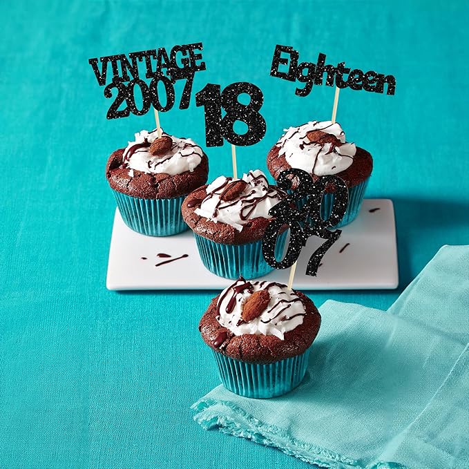 Gyufise 24Pcs 18th Birthday Cupcake Toppers Glitter Eighteen Vintage 2007 Adultish 18 Cupcake Picks Hello 18 Years Birthday Cake Decorations for Happy 18th Birthday Anniversary Party Supplies Black