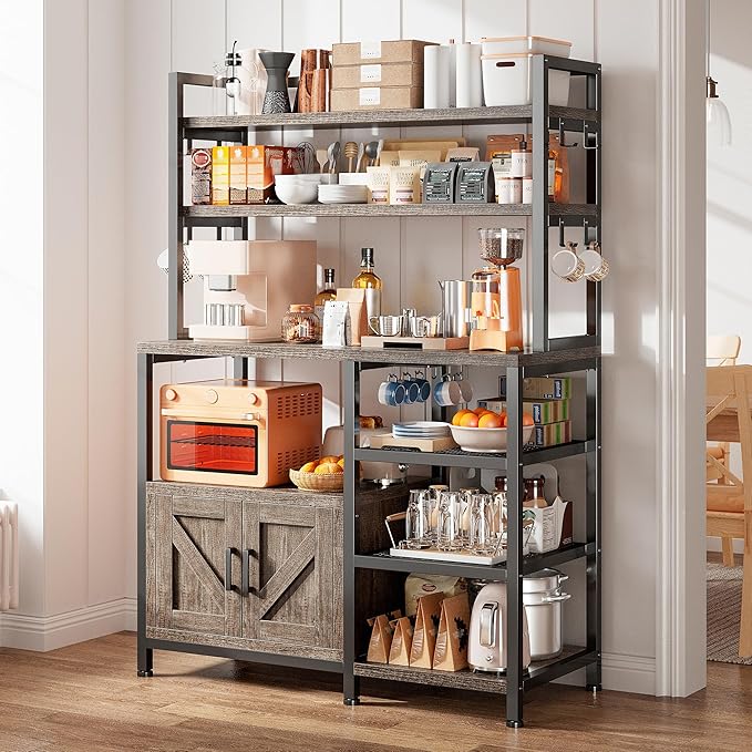 EnHomee Bakers Rack, 6 Tier Microwave Stand, Coffee Bar Organizer with 8 L-Shaped Hooks, Kitchen Shelves with Large Capacity Storage, 14.1 x 30.1 x 63.1 Inches, Black Oak