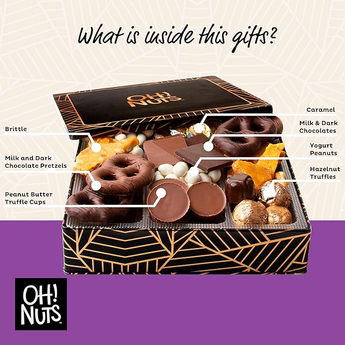 Oh! Nuts Chocolate Gift Basket - 6 Section Candy Square Metal Tin Box - Gourmet Assorted Chocolate Gifts Baskets - Healthy Chocolate Gifts Box for Birthday, Holiday, Corporate, Family, Men & Women