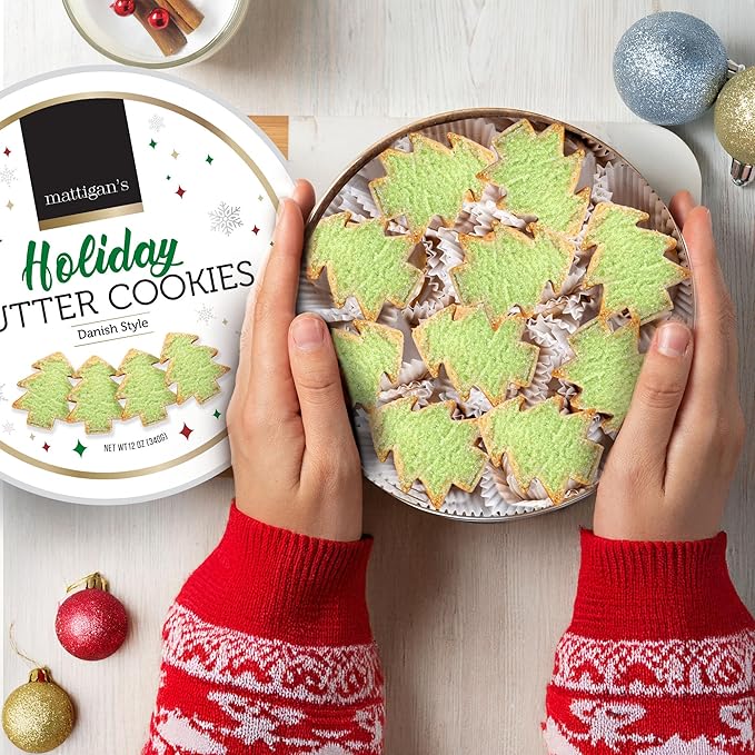Mattigan's Holiday Butter Cookies, Danish Style Cookie, 12 Oz Tin, Gourmet Gifts, Holidays, Christmas, Stocking Stuffer, Special Occasions, Assorted Cookie Dessert Sweets, Reusable Metal Tin