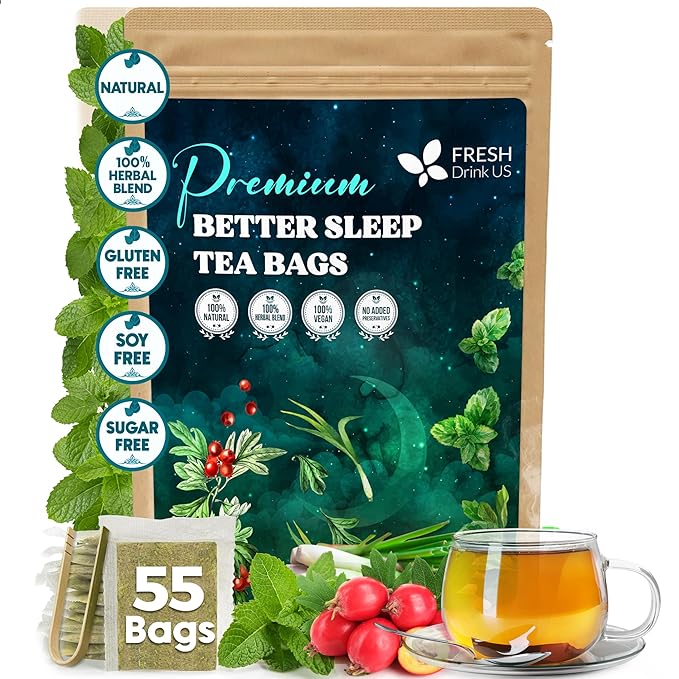 FreshDrinkUS, Premium 55 Tea Bags Better Sleep Herbal Tea | Caffeine-Free Loose Leaf Blend with Spearmint Leaves, Lemongrass Leaves, and Hawthorn Berry – Naturally Refreshing and Aromatic.