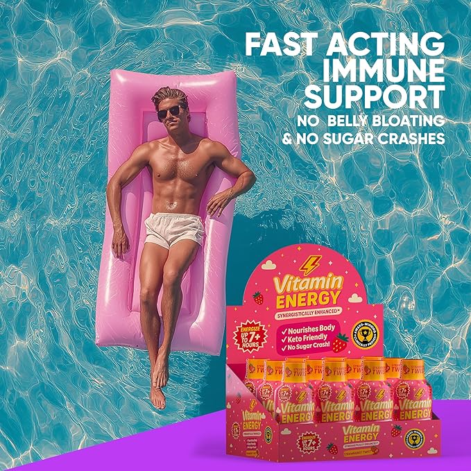 Vitamin Energy Immune+ Extra Strength Energy Shot Strawberry Twist 24 Pack, 260mg Natural Caffeine, B-Vitamins, Citicoline, Green Tea, Immunity & Focus Support, Zero Sugar, Gluten-Free 1.93 fl oz