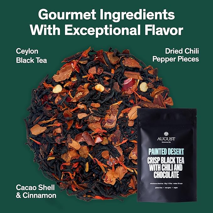 August Uncommon Painted Desert Black Tea – Spicy and Rich Blend with Notes of Mexican Chili, Cinnamon, and Dark Cocoa – Loose Leaf Tea Caffeinated for Daily Enjoyment in a Resealable Pouch (1.75oz)