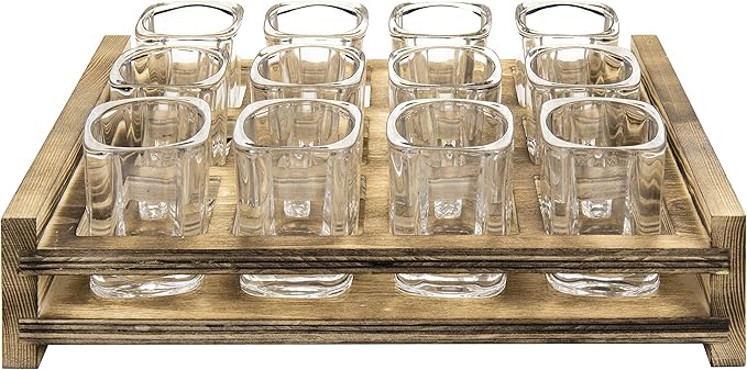 MyGift Shot Glass Serving Set Includes 12 Square Shot Glasses and Burnt Brown Wood Slotted Server Tray