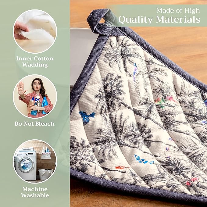 Maison d' Hermine Pot Holders Set 100% Cotton Heat Resistant Potholders 8" x 8" Hot Pads with Loop BBQ, Cooking, Baking, Grilling, Kitchen, Handling Hot Pans (Pack of 2, Amazonia)