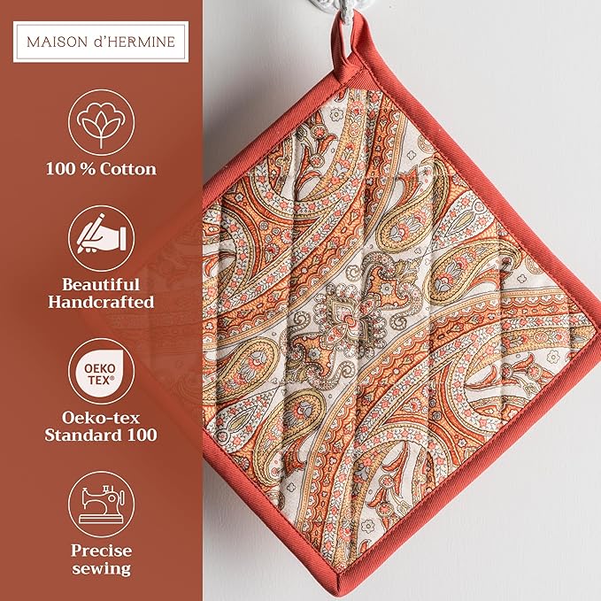 Maison d' Hermine Pot Holders Set 100% Cotton Heat Resistant Potholders 8" x 8" Hot Pads with Loop BBQ, Cooking, Baking, Grilling, Kitchen, Handling Hot Pans (Pack of 2, Kashmir Paisley)