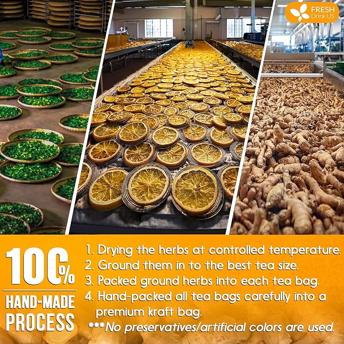 FreshDrinkUS, Premium 55 Tulsi Lemon Ginger Tea Bags, 100% Natural & Pure from Tulsi Holy Basil Leaves, Lemon and Ginger. Made with Natural Material Tea Bags. No Sugar, No Caffeine, Vegan.