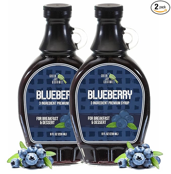Green Jay Gourmet Blueberry Syrup - 3 Ingredient Premium Breakfast Syrup with Fresh Blueberries, Cane Sugar & Lemon Juice - All-Natural, Non-GMO Pancake Syrup, Waffle Syrup & Dessert Syrup - 2 x 8 Oz