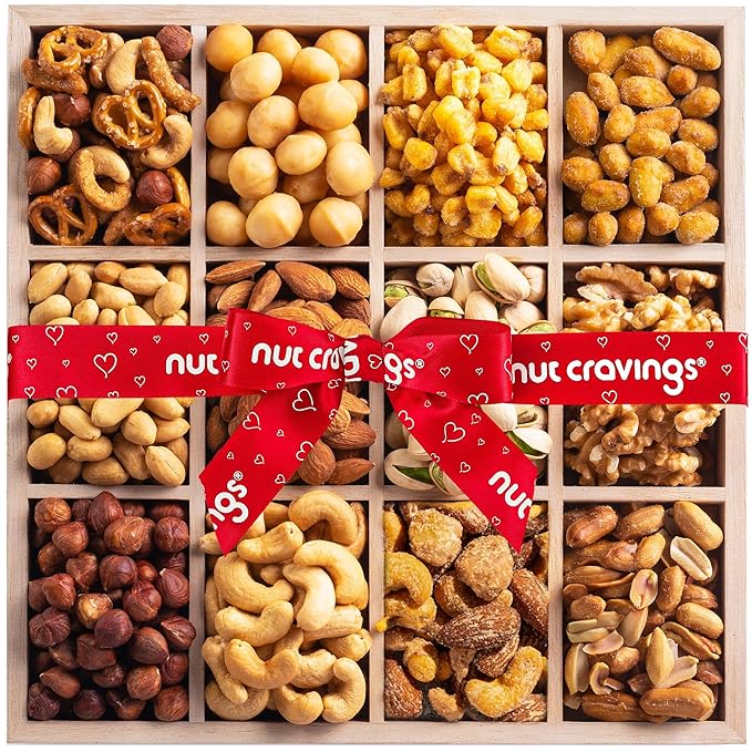 NUT CRAVINGS - Thanksgiving Mixed Nuts Gift Basket in Reusable Wooden Tray + Heart Ribbon (12 Assortments) Holiday Xmas Christmas Food Arrangement, Healthy Snack Care Package