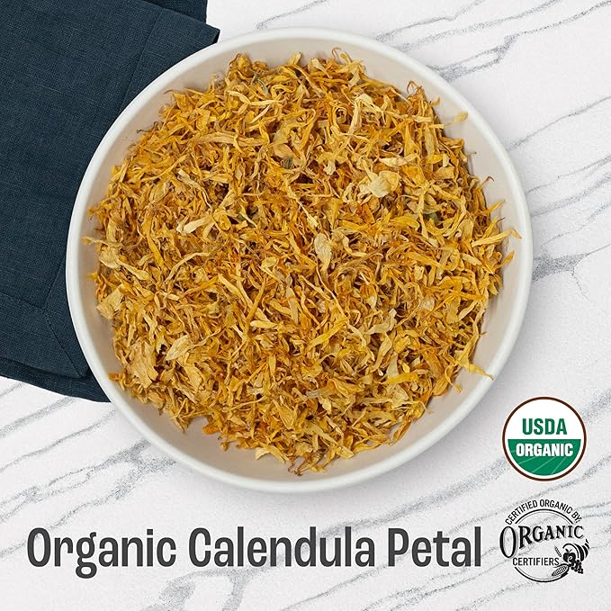 J Mac Botanicals, Organic Calendula Petals (4 oz) edible dried flowers petals, pairs well with edible dried rose petal, edible flowers for ice cubes, edible flowers for food, beverages, bath bombs