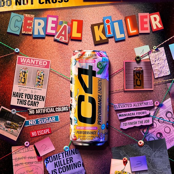 C4 Energy Carbonated Zero Sugar Energy Drink, Pre Workout Drink + Beta Alanine, Cereal Killer, 16 Fl Oz (Pack of 12)