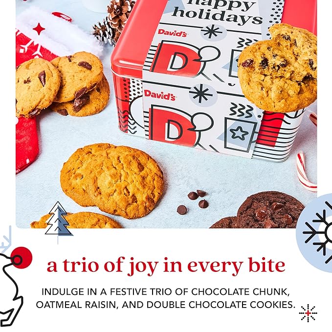 David’s Cookies Happy Holidays Assorted Cookies Gift Tin – 1lb Soft and Gourmet Christmas Cookies Tin – Freshly Baked Holiday Cookies Gift Basket - All Natural and Handmade Christmas Cookies