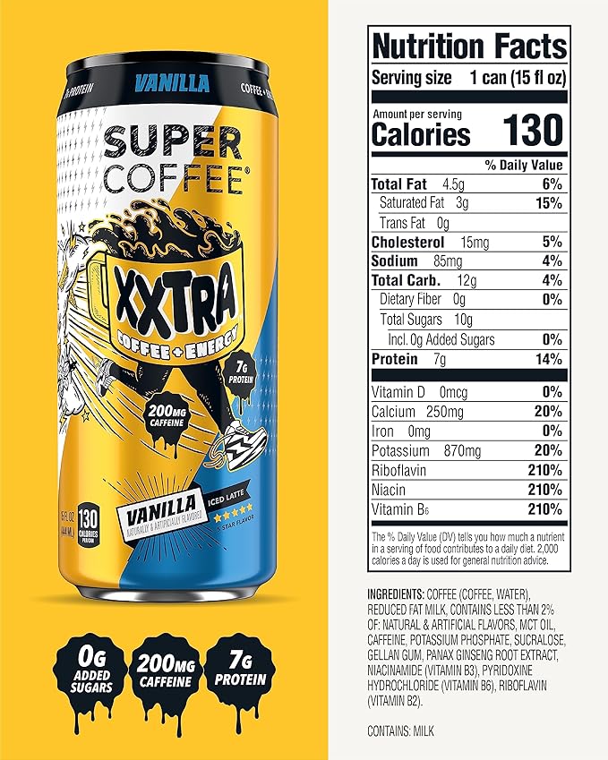Super Coffee XXTRA, Keto Protein Coffee (0g Added Sugar, 7g Protein, 130 Calories) [Vanilla] 15 Fl Oz, 12 Pack | Iced Smart Coffee Drinks - SoyFree GlutenFree