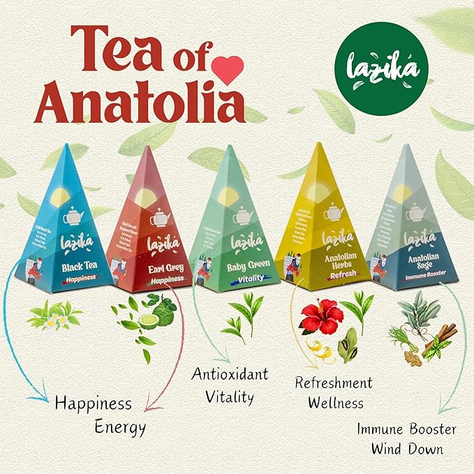 Lazika Tea Variety Pack with Lovely Presentation Box, Black, Green and Herbal Tea Sampler Gift Set, 20 Counts, Premium Collection with Pyramid Infuser Bag, Handcrafted