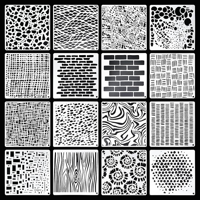 16Pcs Geometric Pattern Stencils for Crafts 6x6 Inch Brick Dot Layering Stencils for Painting on Wood Mixed Media Texture Stencil for Painting on Walls Furniture Fabric Canvas Card Making
