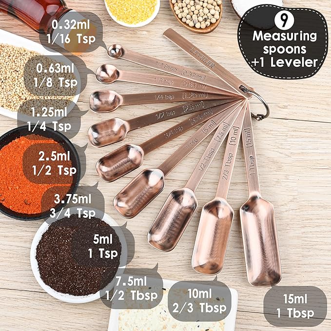 Copper Measuring Cups and Spoons - 17 Piece Set, 7 Cups and 9 Spoons with 1 Leveler for Kitchen