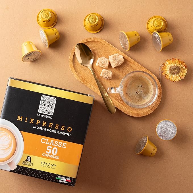 Mixpresso Classe Coffee Espresso Capsules Compatible With Nespresso Original Brewers, Single Cup Coffee Pods 100% from Italy, Medium Roast 80% Arabica Espresso, 50 Count Coffee Capsule Intensity 8/12