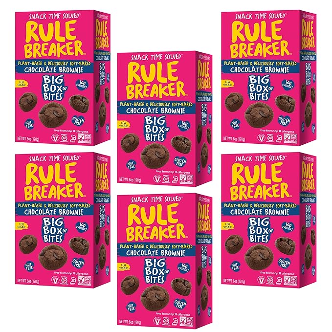 Rule Breaker Vegan & Gluten Free Cookies | Chocolate Brownie Big Box of Bites | Plant-Based, Top 11 Allergen-Free | Soft-Baked, Great for School, Office, Pantry | Better-For-You Bites (Pack of 6)